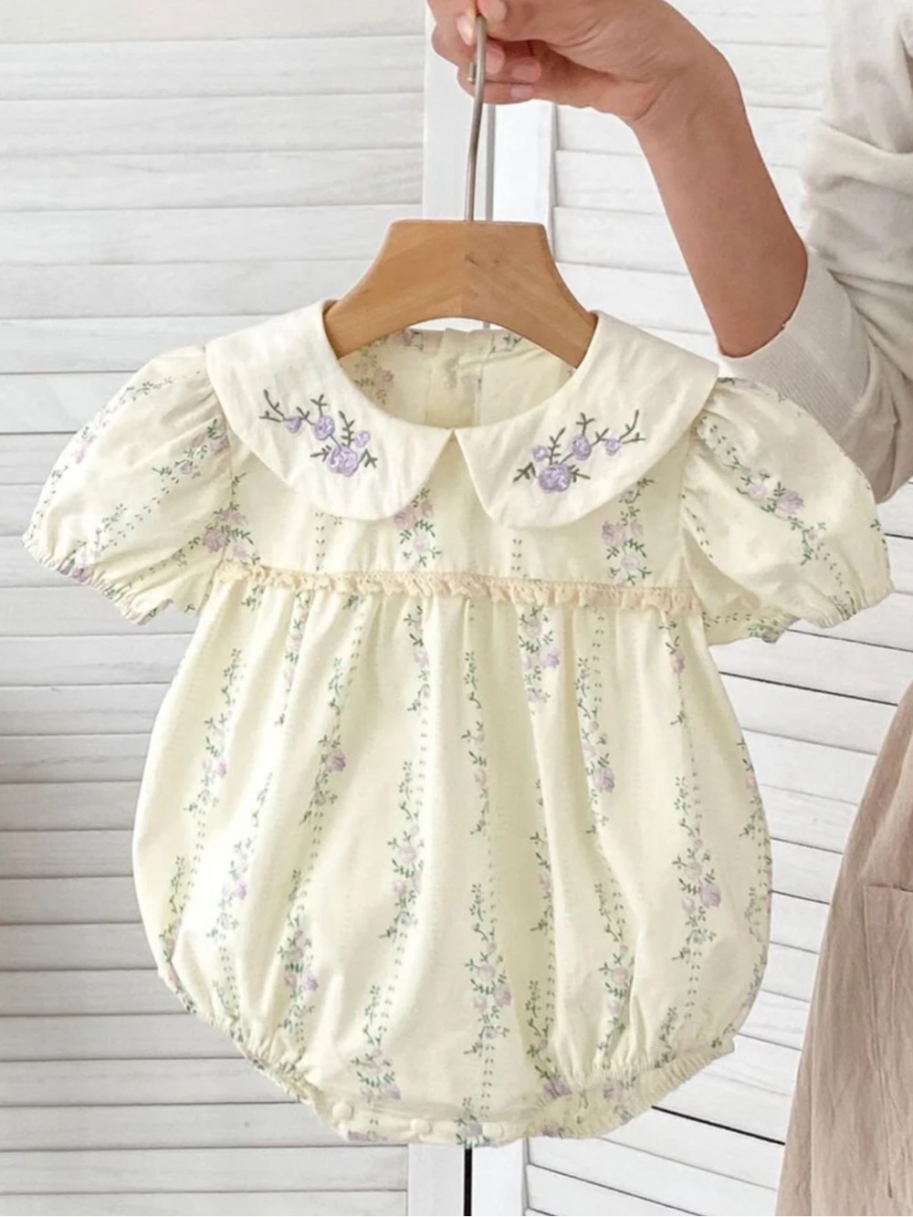 Summer Babygirl Cream Purple Embroidery Floral Short Sleeve Thin bodysuit 12/24M